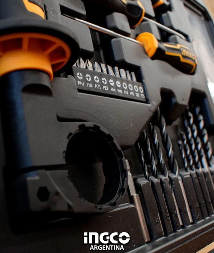 Juego Set Kit Industrial 100 Herramientas + Taladro 850W Ingco Naranja/Amarillo HKTHP11022-4 - Imagen 7
