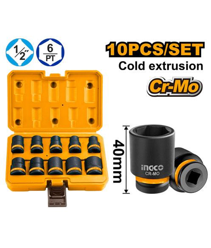Juego Set Kit Tubos de Impacto 1/2" Cortos x 10pzs Ingco Naranja/Amarillo HKISSD12101