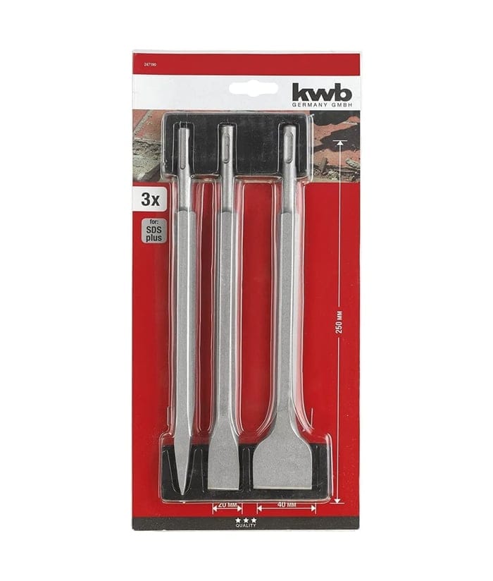 Juego Set Kit 3 Cinceles Puntas Rotomartillo SDS Plus x 250mm KWB - Imagen 3