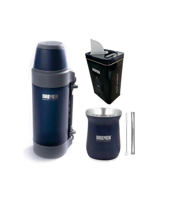 Combo Matero Termo 1.2lts Acero Inoxidable + Yerbera Pico Vertedor + Mate Acero Inoxidable + Bombilla Con Cepillo Limpiador Bremen