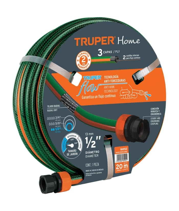 Manguera de Riego Para Regar Jardín Agua 1/2" Reforzada 3 Capas 20 mts Truper MAN-20X1/2RE