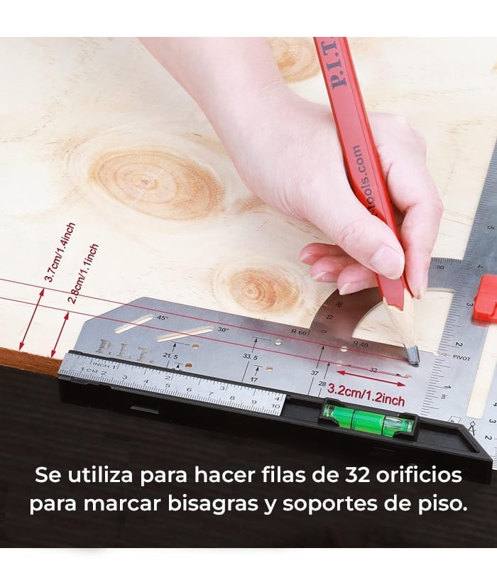 Escuadra Regla de Ángulos Multifuncional Multiusos Multifunción Carpintería Sombrero 300mm 12" Nivel Con Guías Para Colocar Bisagras de Cazoleta Ruhlmann RU15541 - Imagen 8