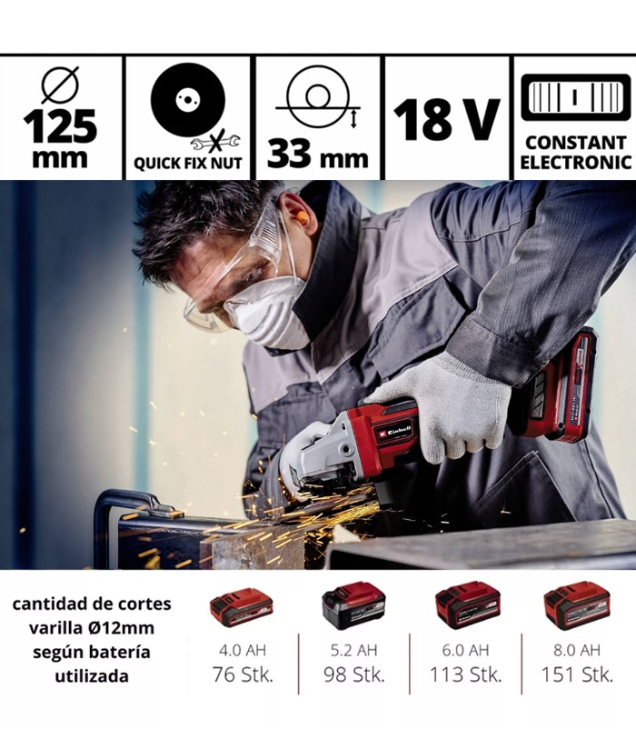 Amoladora Angular a Batería Inalámbrica 115/125mm Con Velocidad Variable Regulable Motor Brushless Sin Carbones 18V Einhell TP-AG 18/125 CE Q Li – Solo - Imagen 8