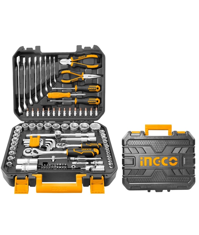 Caja Maletín Juego Set Kit con Tubos Bocallaves Herramientas Manuales 1/4" 3/8" y 1/2" x 100 Pzs Ingco Naranja/Amarillo HKTHP21001