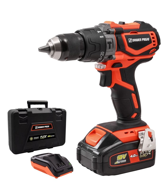 Taladro Percutor a Batería Inalámbrico 13mm 18V 55Nm Motor Brushless Flex One + Batería 4.0Ah Amper + Cargador + Maletín Dowen Pagio 9993112