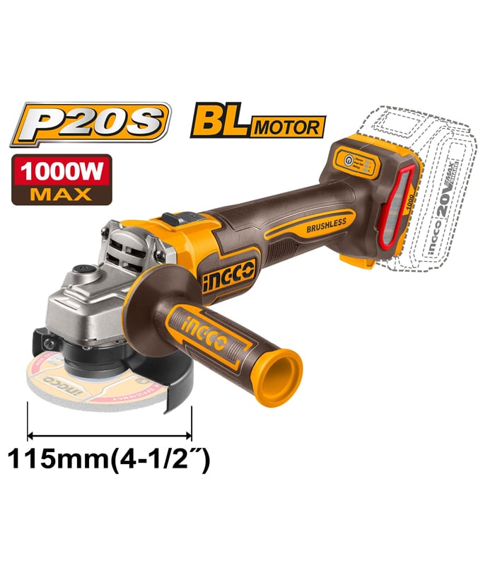 Amoladora Angular a Batería Inalámbrica 115mm 20V Brushless Motor Ingco Naranja/Amarillo CAGLI27153 (EX CAGLI21154)