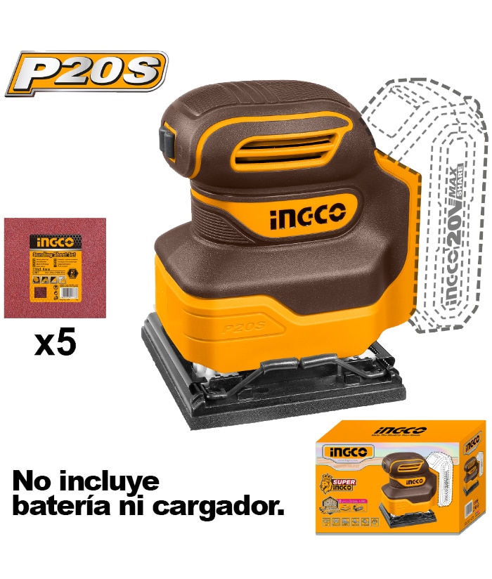 Lijadora Orbital a Batería Inalámbrica 20V Ingco Naranja/Amarillo CSHSLI2014