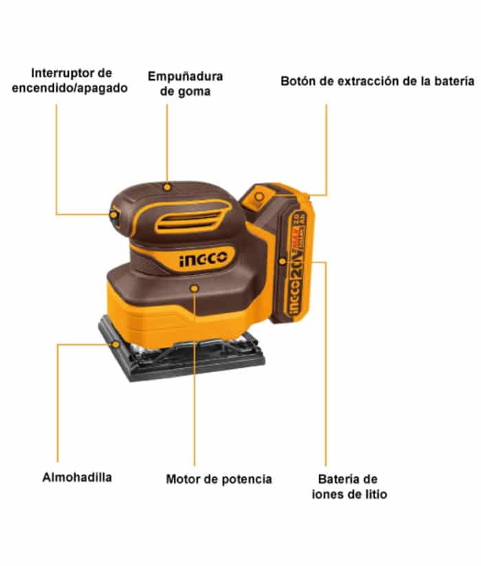 Lijadora Orbital a Batería Inalámbrica 20V Ingco Naranja/Amarillo CSHSLI2014 - Imagen 2