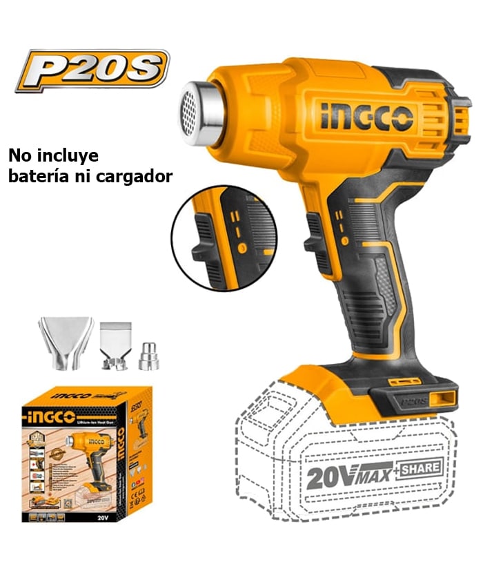 Pistola de Calor a Batería Inalámbrica 20V Ingco Naranja/Amarillo HGLI2002
