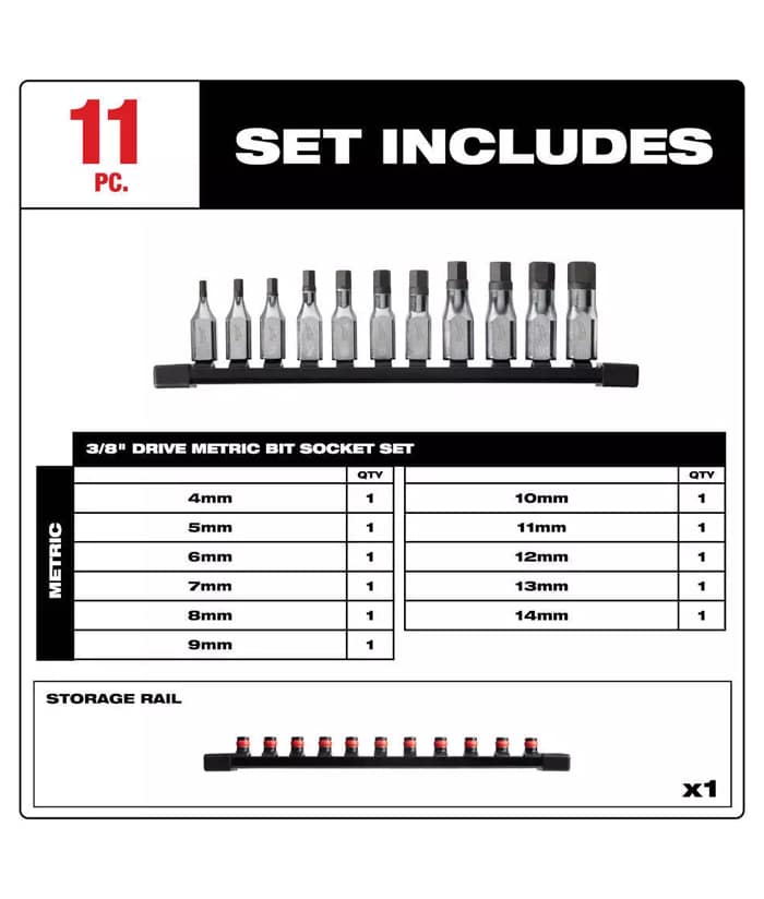 Juego Set Kit Bocallaves Punta Hexagonal 3/8" x 11 Pzs Milwaukee 48-22-9543 - Imagen 3