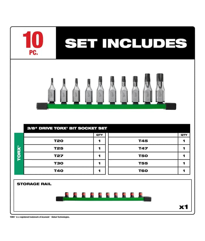 Juego Set Kit Tubos Bocallaves Torx 3/8" x 10 Pzs Milwaukee 48-22-9531 - Imagen 2