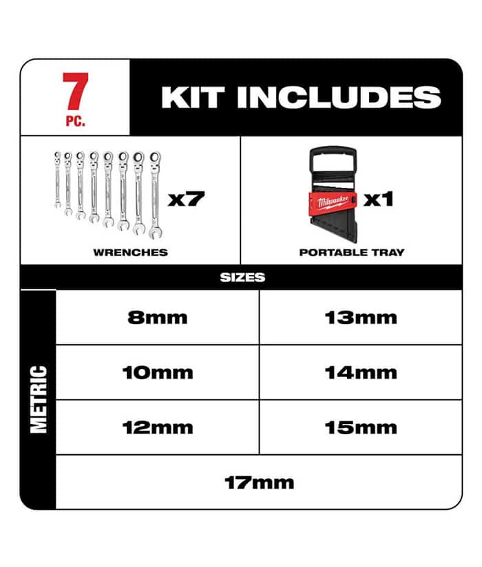 Juego Set Kit Llaves Combinadas Milimétricas Articuladas Con Crique x 7 Pzs Milwaukee 48-22-9529 - Imagen 3