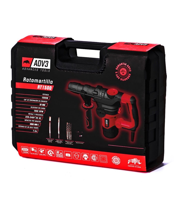 Rotomartillo Eléctrico 1500W SDS-Plus 7.5 Joules + Accesorios Con Maletín ADV3 RT1500 - Imagen 2