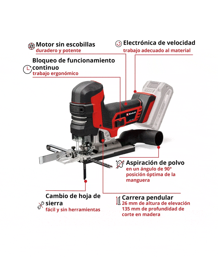 Sierra Caladora a Batería Inalámbrica Brushless Motor Sin Carbones 18V Einhell TP-JST 18/135 Li BL - Solo - Imagen 3