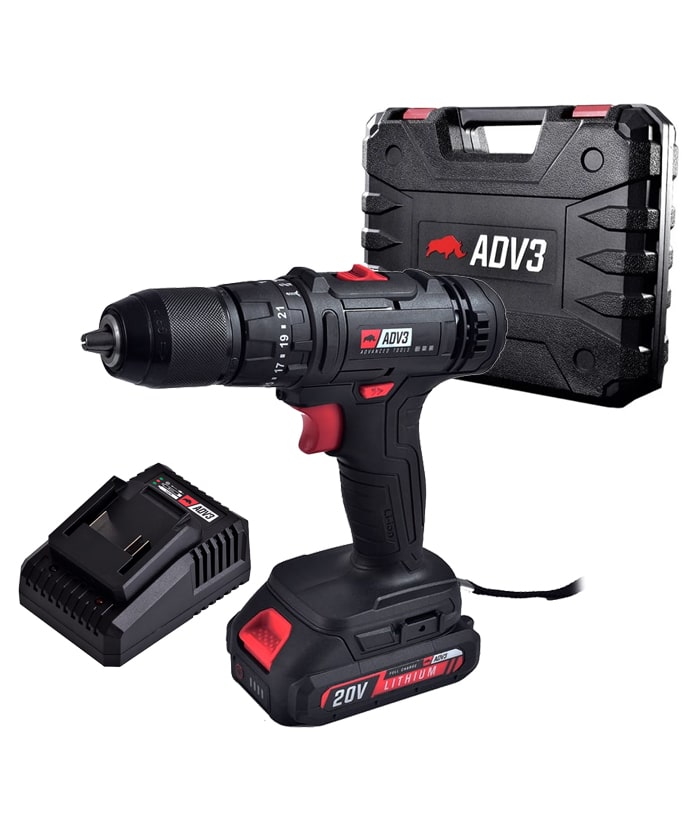 Taladro Atornillador Percutor de Impacto a Batería Inalámbrico 35Nm Motor Brushless + Batería 2.0ah Amper + Cargador + Maletín ADV3 Rojo/Negro TLP20V