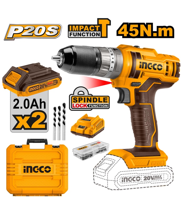 Taladro Atornillador a Batería Inalámbrico 10mm 45Nm + 2 BateríaS 2.0Ah Amper + Cargador Ingco Naranja/Amarillo CIDLI201452-4
