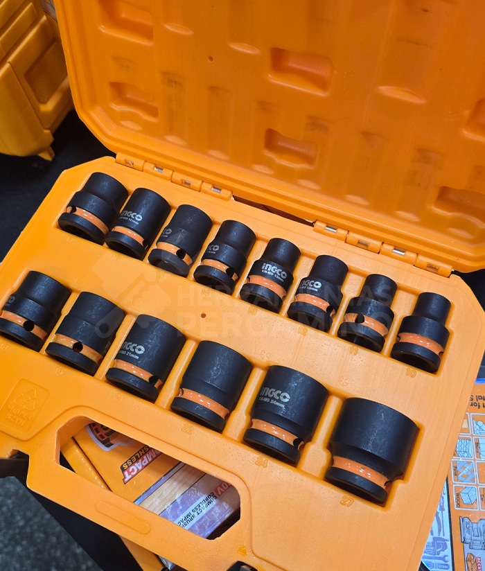 Caja Maletín Juego Set Kit de Tubos De Impacto Industrial Bocallaves 1/2" x14 Piezas Ingco Naranja/Amarillo HKISSD12141 - Imagen 2
