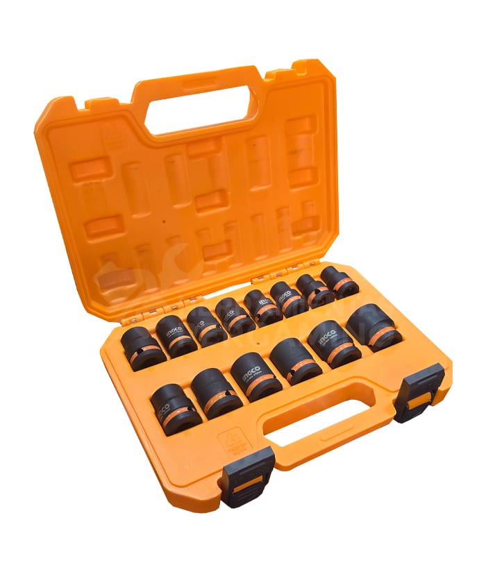 Caja Maletín Juego Set Kit de Tubos De Impacto Industrial Bocallaves 1/2" x14 Piezas Ingco Naranja/Amarillo HKISSD12141