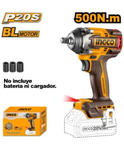 Llave de Impacto Inalámbrica a Batería 20V Motor Sin Carbones 1/2" 500Nm + Tubos Ingco Naranja/Amarillo CIWLI20501