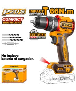 Taladro Atornillador Con Percutor 66Nm A Batería Inalámbrico 20V Motor Sin Carbones Brushless Ingco Naranja/Amarillo CIDLI206681
