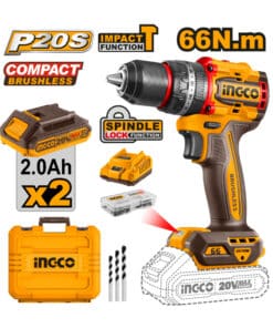 Taladro Atornillador Con Percutor 66Nm A Batería Inalámbrico 20V Motor Sin Carbones Brushless Ingco Naranja/Amarillo CIDLI20668-4