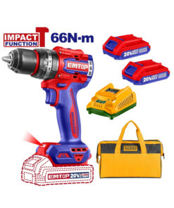 Combo Taladro Atornillador Con Percutor a Batería Motor Brushless Sin Carbones 66Nm Emtop + 2 Baterías 2Ah+ Cargador
