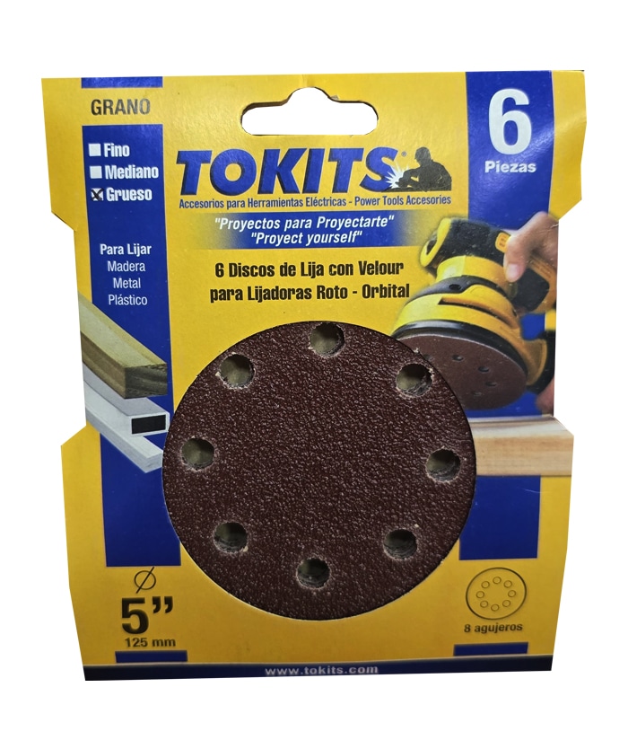 Juego Set Kit Lijas 125mm 5" x 6Pzs Grano Grueso Para Madera Metal Plástico Tokits 235R - Imagen 2