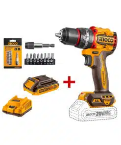 Combo Taladro Atornillador Con Percutor a Batería Motor Brushless Sin Carbones 66Nm + Batería 2Ah + Cargador + Puntas de Destornillador Ingco