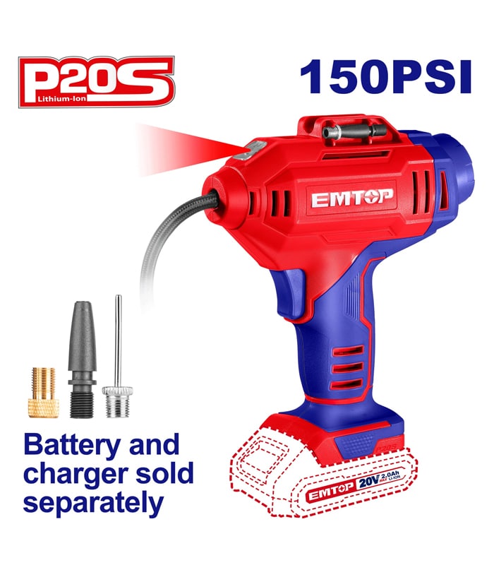 Compresor Inflador de Aire a Batería Inalámbrico 20V 150psi Emtop ELAC2018