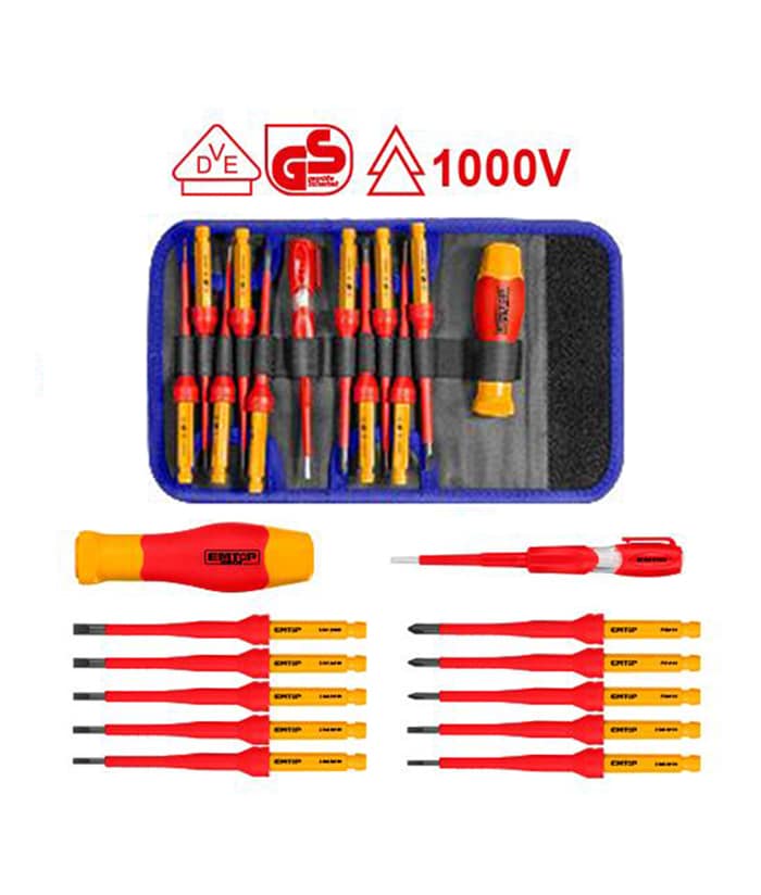 Juego Set Kit Destornilladores Tubos Dieléctricos Aislados 1000V x 12pzs Emtop EKISD1201