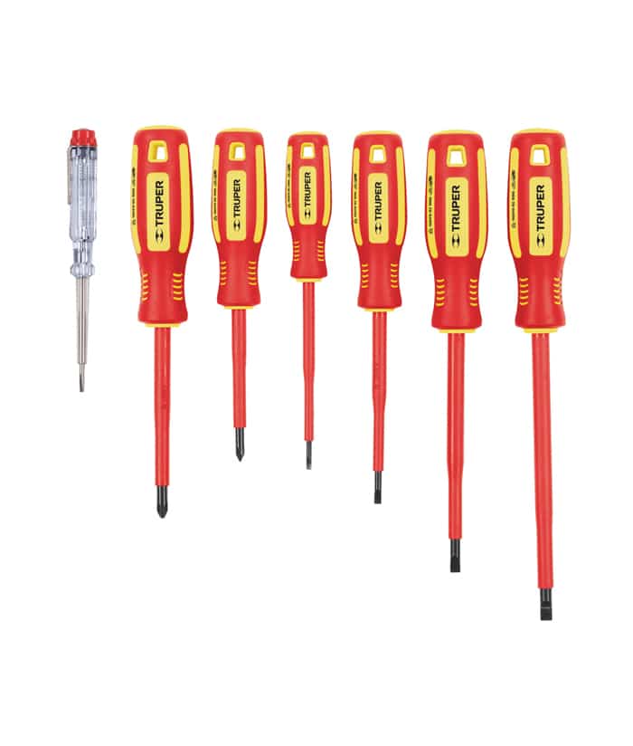 Juego Set Kit Destornilladores Dieléctricos Aislados 1000V + Buscapolo x 6pzs Truper DTJ-7D