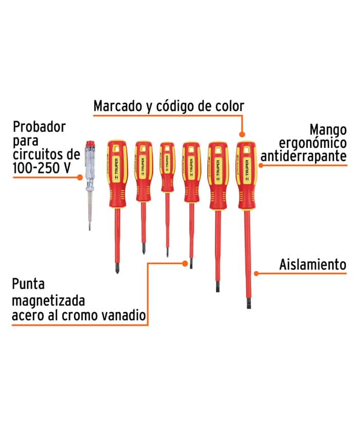 Juego Set Kit Destornilladores Dieléctricos Aislados 1000V + Buscapolo x 6pzs Truper DTJ-7D - Imagen 2