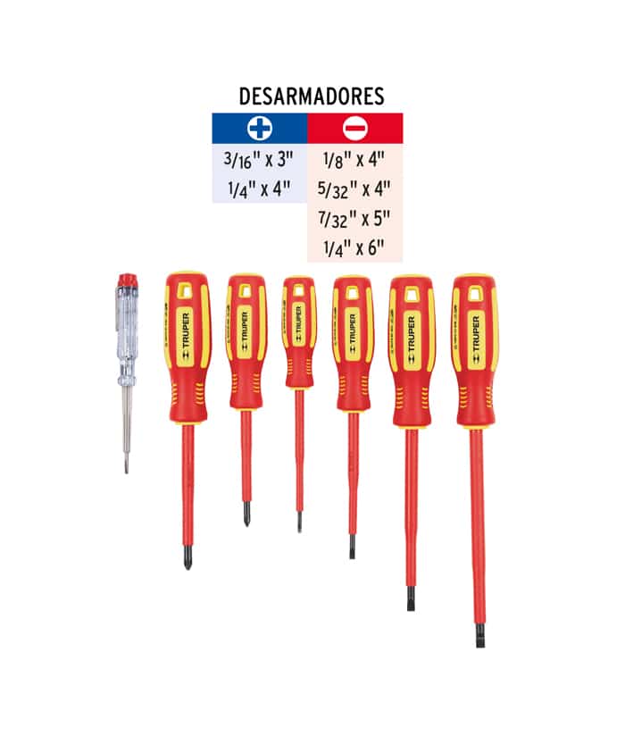 Juego Set Kit Destornilladores Dieléctricos Aislados 1000V + Buscapolo x 6pzs Truper DTJ-7D - Imagen 3