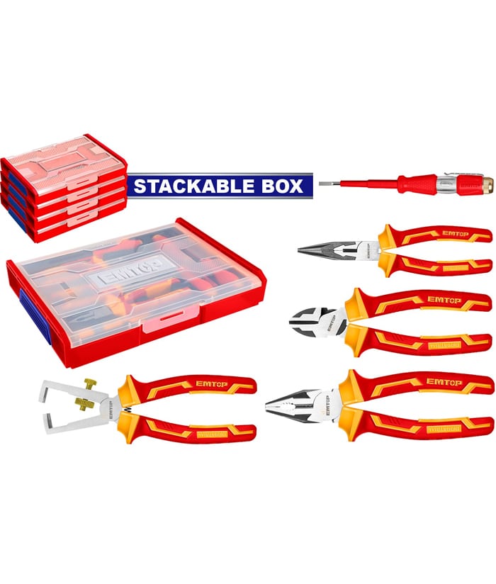 Juego Set Kit Buscapolo y Pinzas Dieléctricas Aisladas 1000V x 5pzs en Box Apilable Emtop EHTSV01P05
