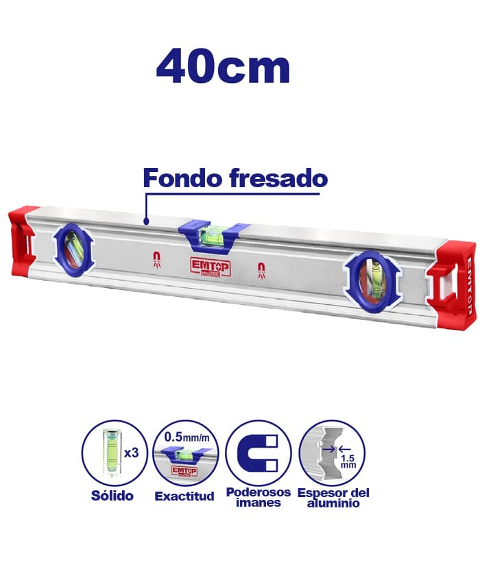 Nivel Aluminio de Mano 400mm 3 Burbujas Emtop ESLL34001