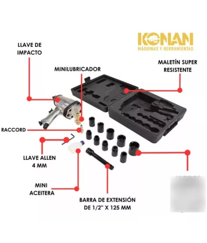 Juego Set Kit Llave de Impacto de Alto Torque 1/2" + Maletín + Accesorios Konan KKI-01 - Imagen 3