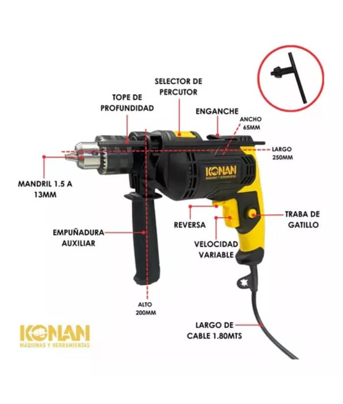 Taladro Percutor Eléctrico 750W 13mm Velocidad Variable Konan K/C13E - Imagen 2