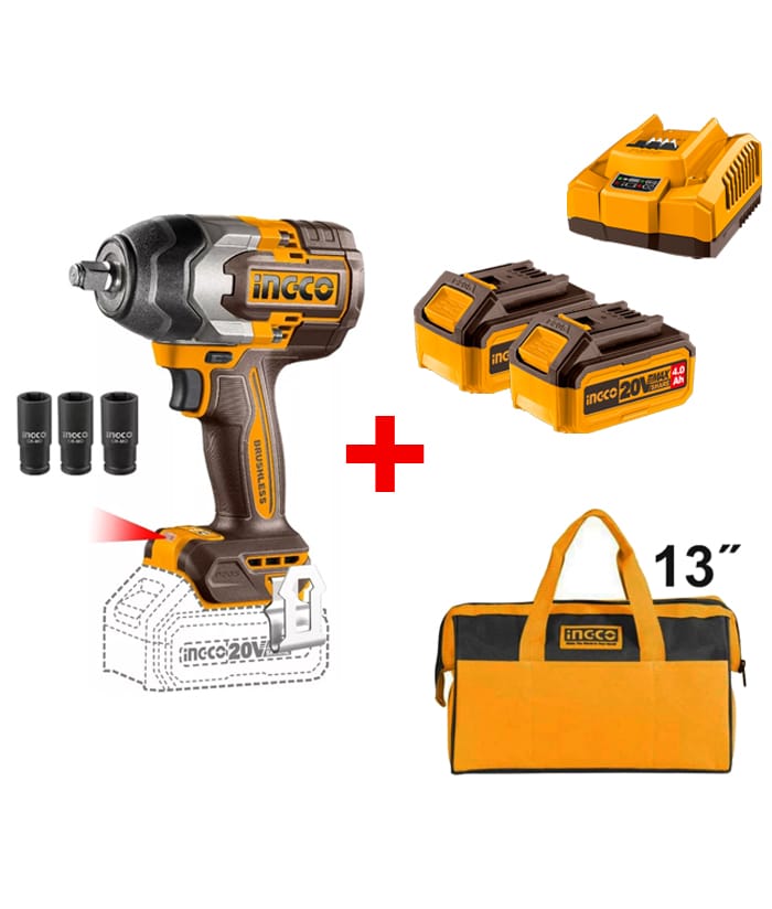 Combo Llave de Impacto Inalámbrica 20V Sin Carbones 1/2" 850Nm + Tubos + 2 Baterías 4.0Ah Amper + Cargador Rápido + Bolso Super Select 13" Ingco Naranja/Amarillo