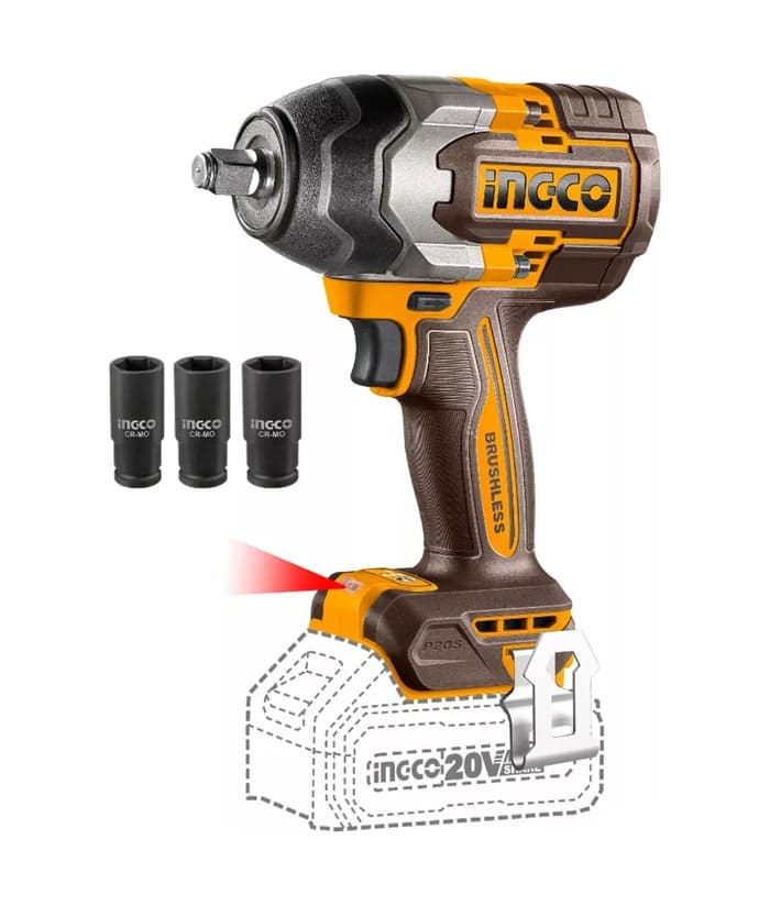 Combo Llave de Impacto Inalámbrica 20V Sin Carbones 1/2" 850Nm + Tubos + 2 Baterías 4.0Ah Amper + Cargador Rápido + Bolso Super Select 13" Ingco Naranja/Amarillo - Imagen 2