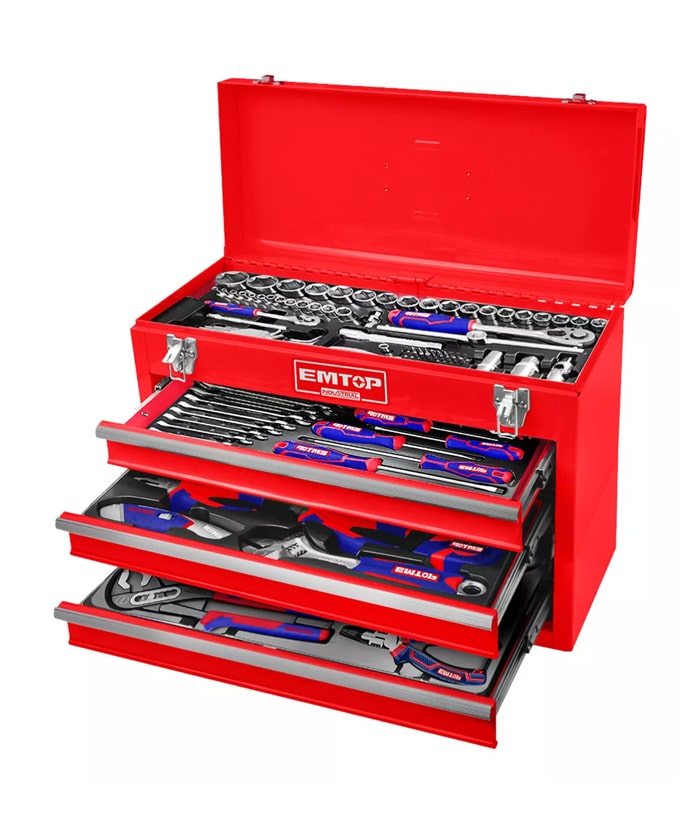 Juego Set Kit Caja Herramientas Metálica con Tubos Bocallaves 1/2″ 1/4″ x 132pzs Emtop EHTS01321