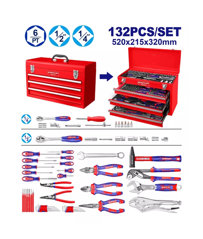 Juego Set Kit Caja Herramientas Metálica con Tubos Bocallaves 1/2″ 1/4″ x 132pzs Emtop EHTS01321 - Imagen 2
