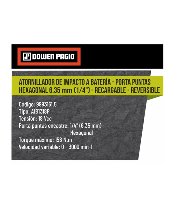 Atornillador de Impacto a Batería Inalámbrico 18V 1/4″ 158Nm Dowen Pagio 9993161.5 - Imagen 2