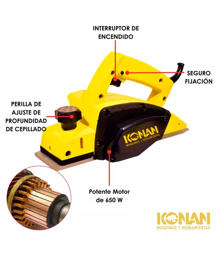 Cepillo Cepilladora Garlopa Rebajadora de Mano Eléctrica Eléctrico 650W Konan KCP/650 - Imagen 4