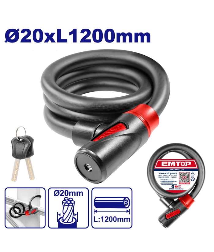 Eslinga Cadena de Seguridad Bicicleta Moto 20 x 1200mm 2 Llaves Emtop EBK201201