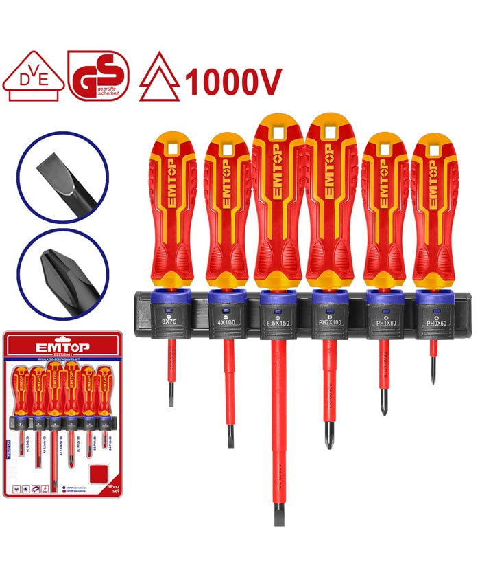 Juego Set Kit Destornilladores Dieléctricos Aislados 1000V x 6pzs Emtop ESSTJS061