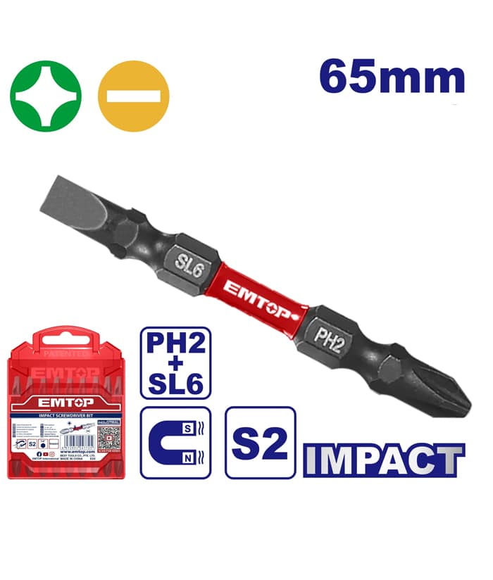 Punta Impacto Magnética PH2 + SL6 x 65mm Emtop Rojo/Azul ESBTMHL133