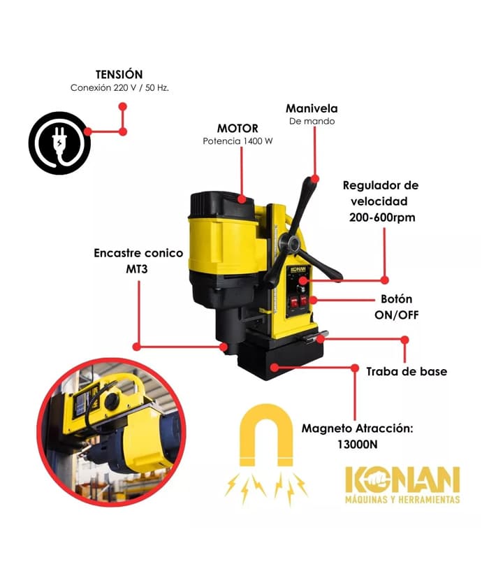 Taladro Eléctrico Base Magnética 1400W 28mm Konan KTBM/1400 - Imagen 4