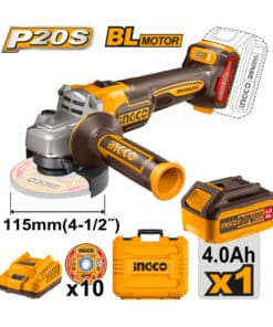 Amoladora Angular a Batería Inalámbrica 115mm 20V Brushless Motor Sin Carbones en Maletín Ingco Naranja/Amarillo CAGLI211541-4