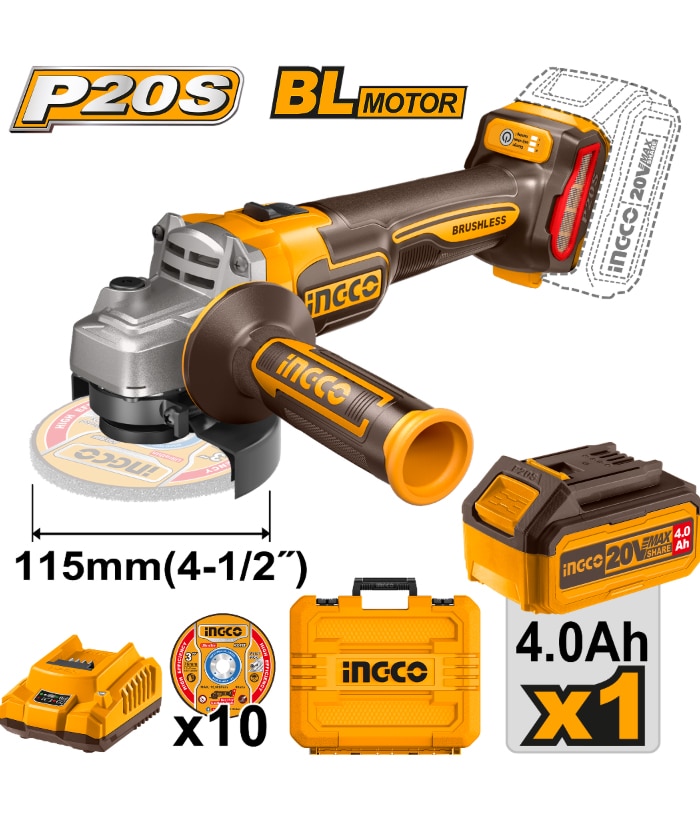 Amoladora Angular a Batería Inalámbrica 115mm 20V Brushless Motor Sin Carbones en Maletín Ingco Naranja/Amarillo CAGLI211541-4