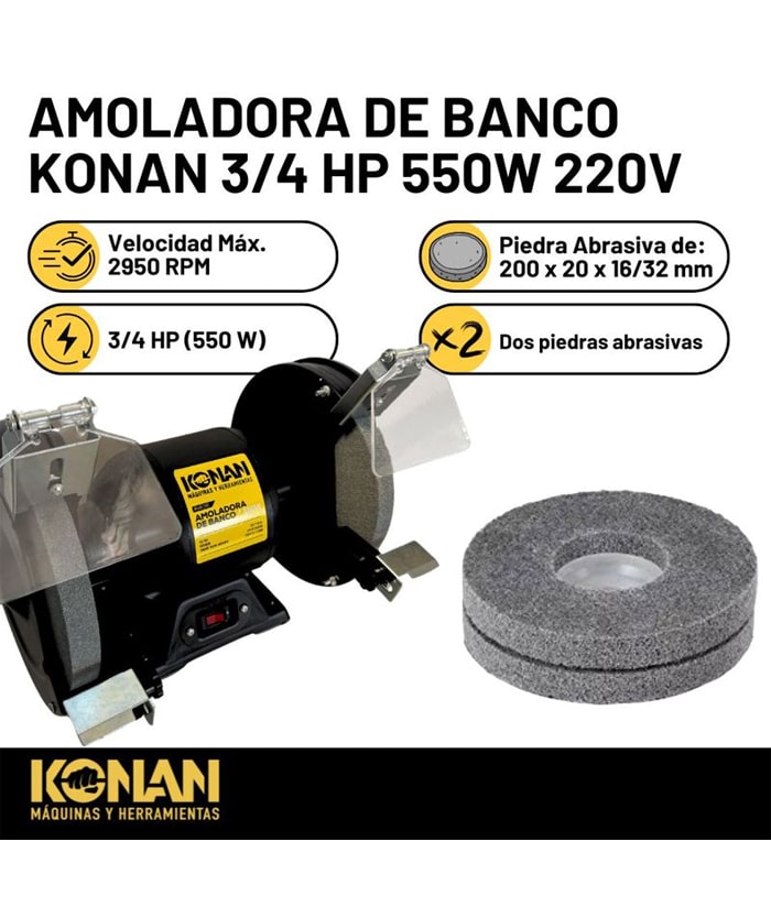Amoladora de Banco Eléctrica 550W 200mm 8" + 2 Piedras Abrasivas Konan KAB/200 - Imagen 2